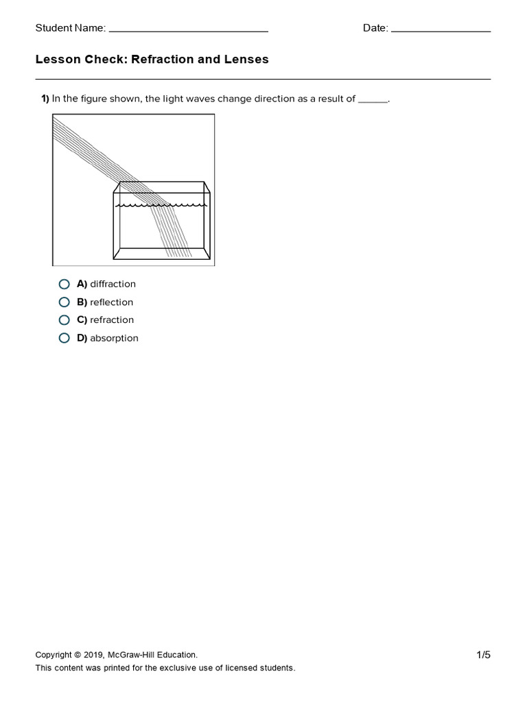 Refraction and Lenses Lesson Check | PDF | Refraction | Eye