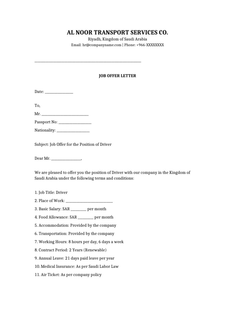 Job Offer Letter for Driver Position | PDF