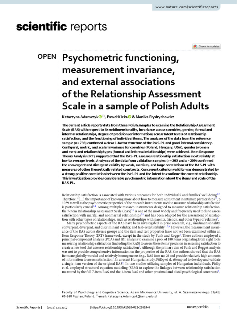 Psychometric Analysis of Relationship Assessment Scale | PDF ...