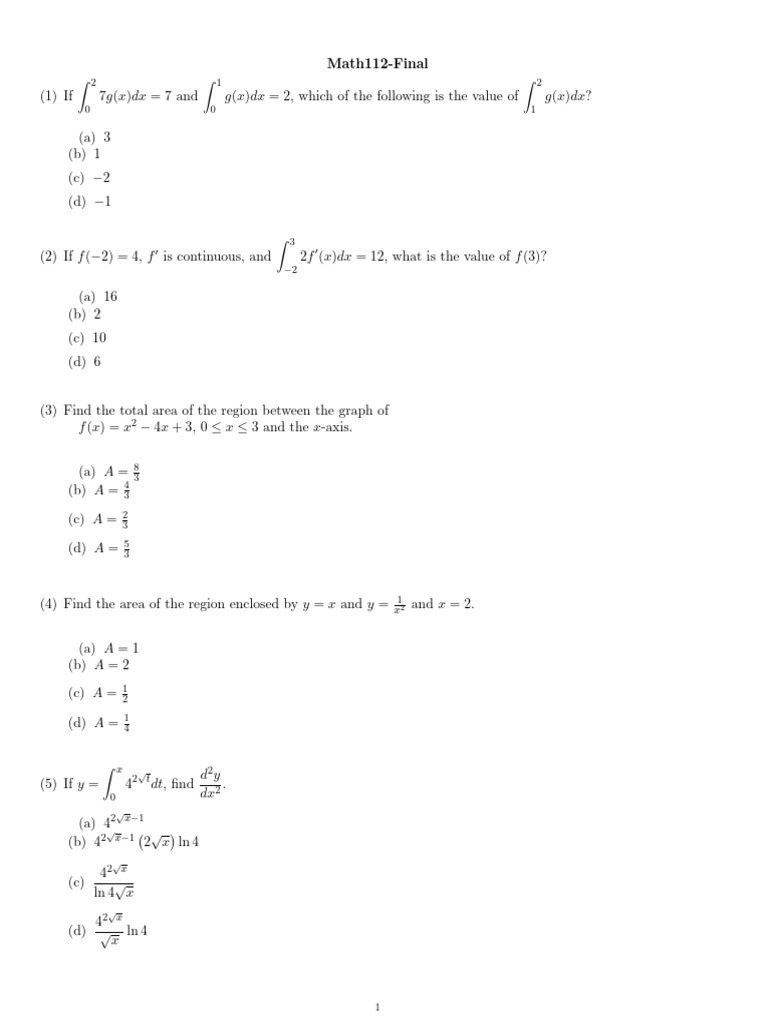 Math 112 Final Exam Practice Questions | PDF | Algebra | Mathematical ...