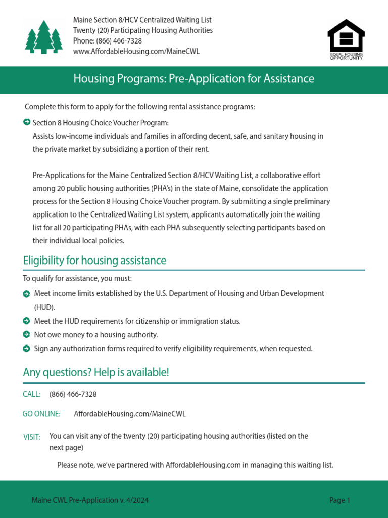 Maine Section 8 Housing Assistance Application | PDF | Section 8 ...