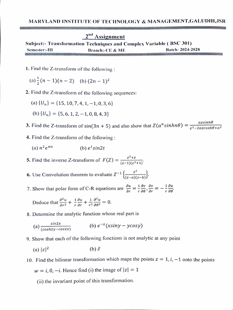 Assignment-2, Transformation Techniques and Complex Variable | PDF ...
