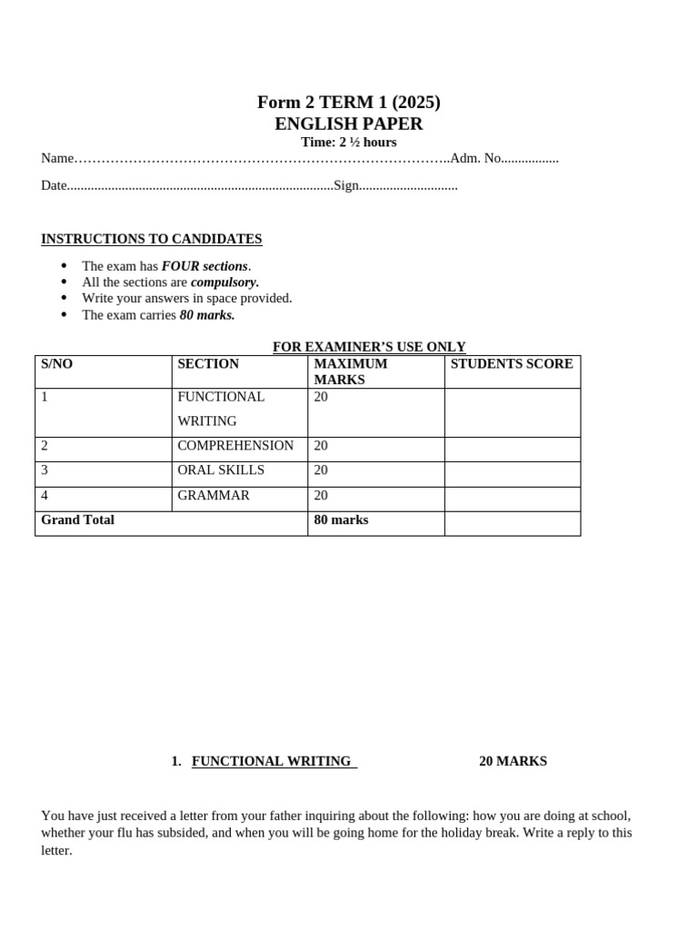 English Exam Paper Term 1 2025 | PDF | Disciplines | Teachers