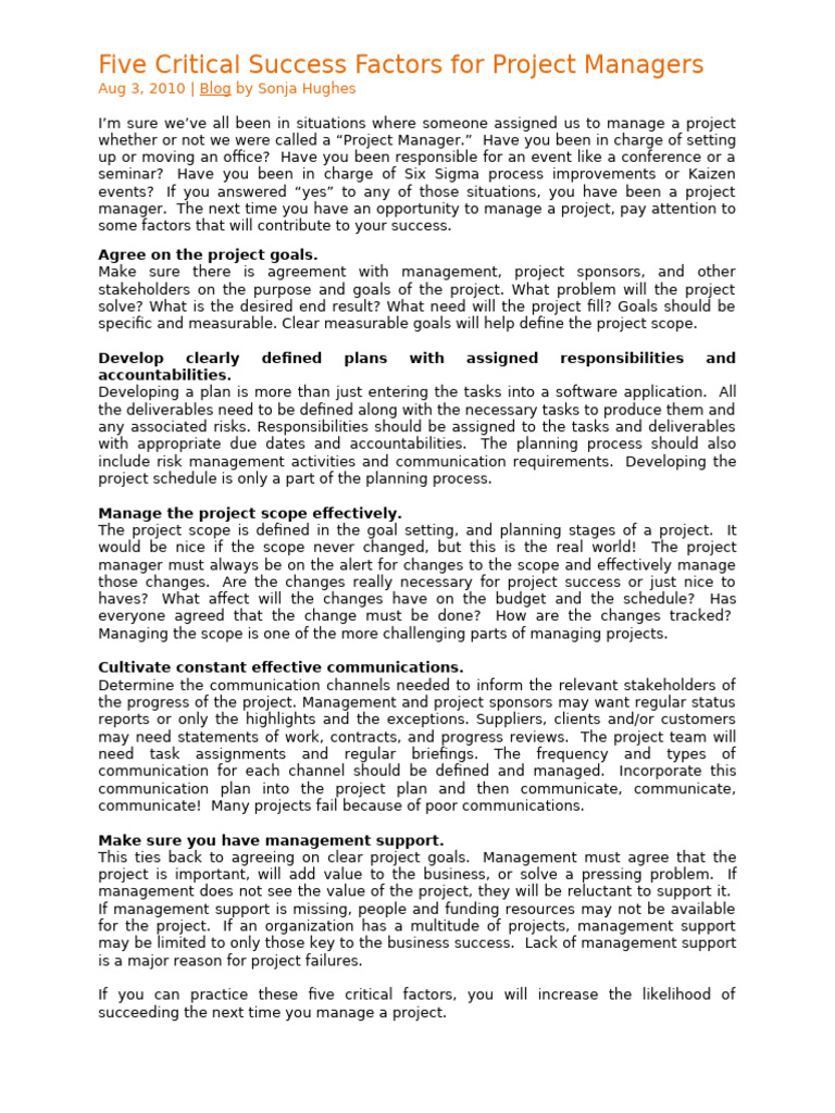 Five Critical Success Factors for Project Managers | PDF | Business