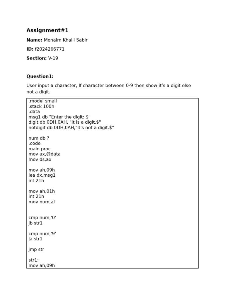 Assembly Program to Check Digit Input | PDF
