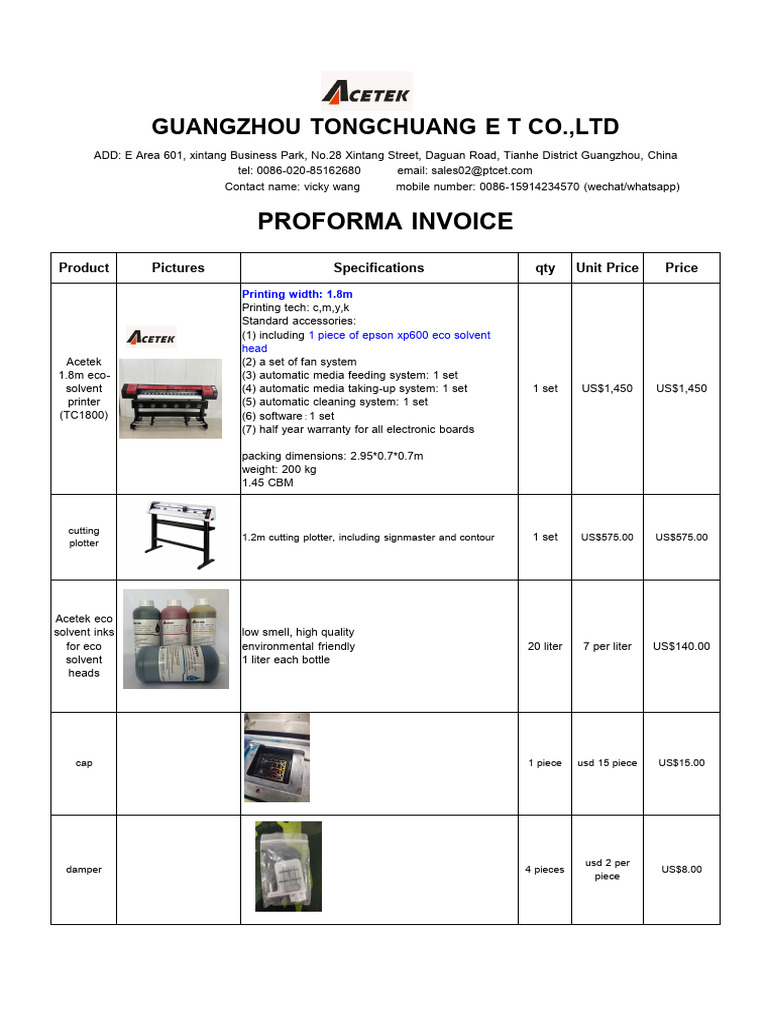 Proforma Invoice for Eco-Solvent Printers | PDF | Printer (Computing ...