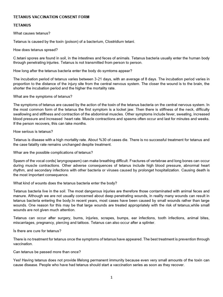 Tetanus Vaccination Consent Form | PDF | Vaccines | Public Health
