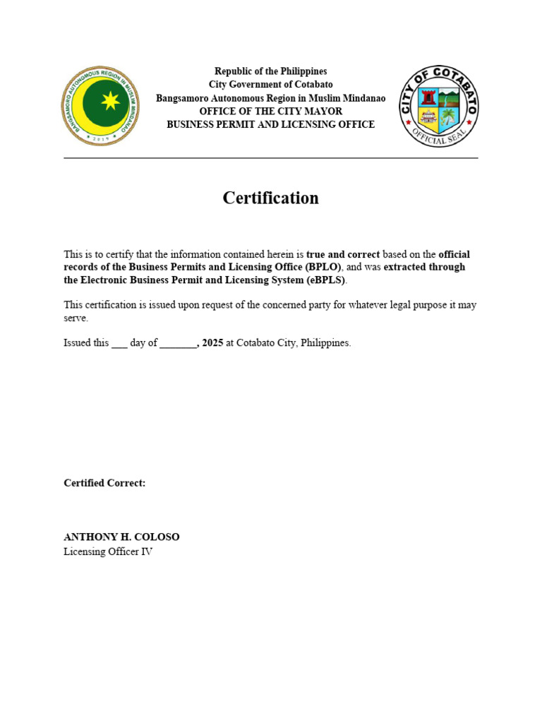Cotabato City Business Permit Certification | PDF