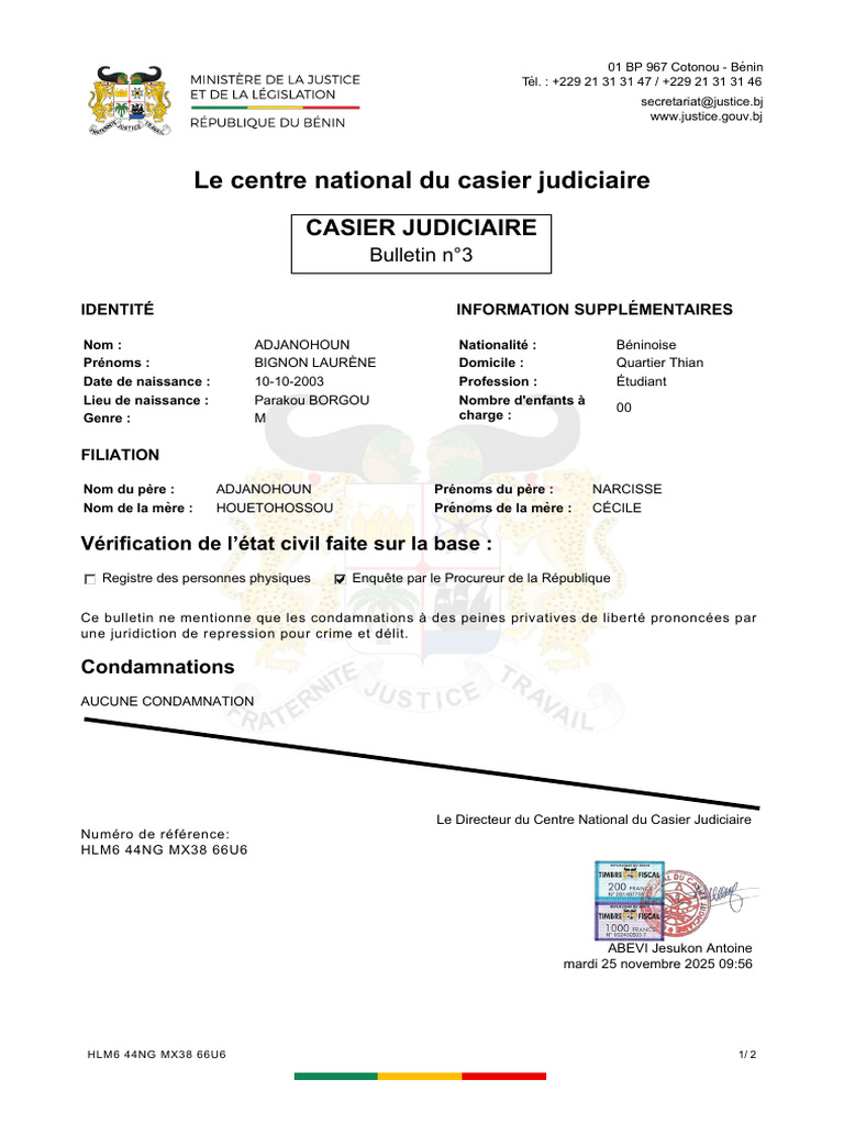 Bulletin n°3 du casier judiciaire Bénin | PDF | Justice | Crime et violence