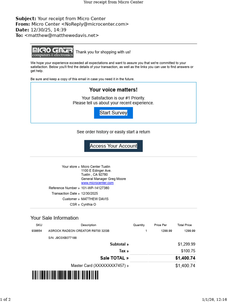 Micro Center December 30 | PDF | Receipt | Business