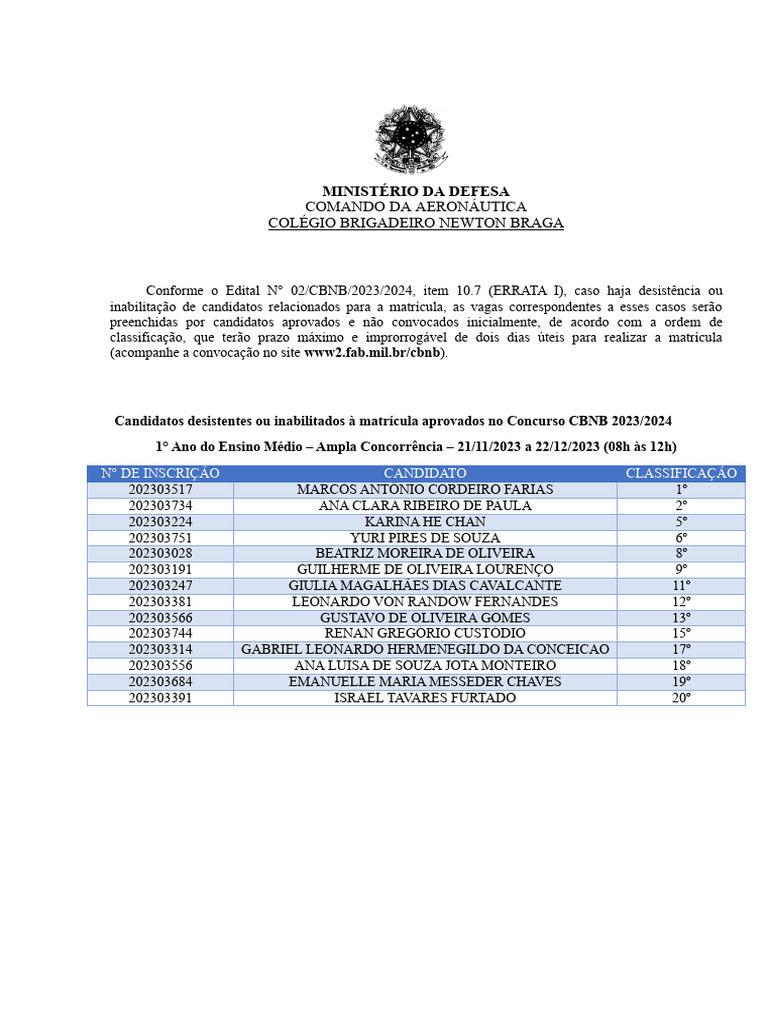 Convocação para Matrícula CBNB 2023/2024 | PDF | Brasil