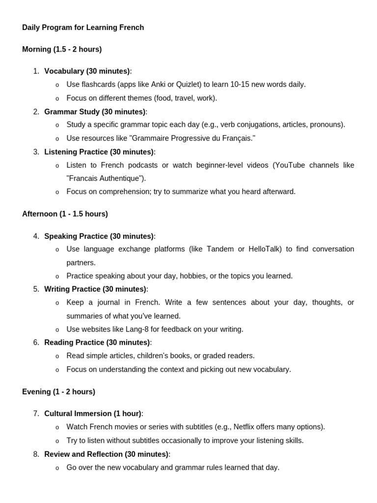 Daily Program For Learning French | PDF | Vocabulary | Reading ...