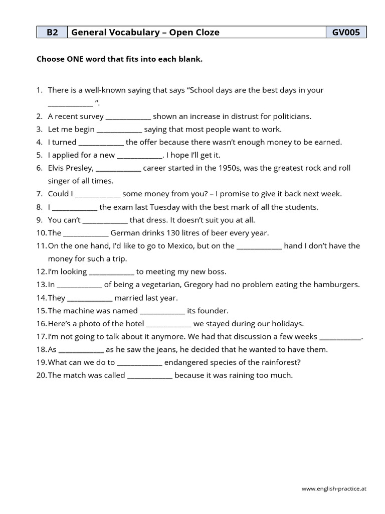 B2 Vocabulary Practice: Open Cloze Exercises | PDF