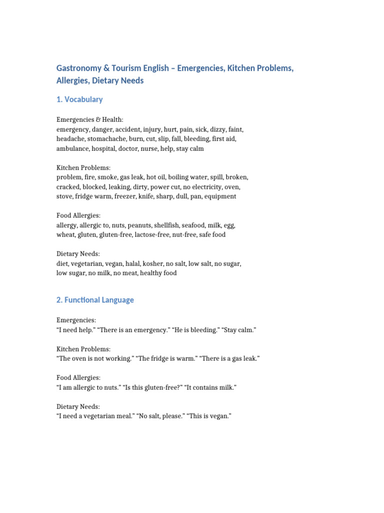 Kitchen Emergencies & Dietary Vocabulary | PDF | Kitchen | Gluten Free Diet