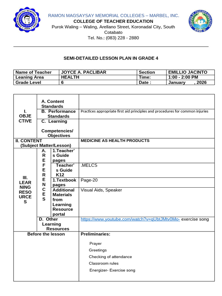 Grade 4 Health Lesson Plan on Medicine | PDF | Over The Counter Drug ...