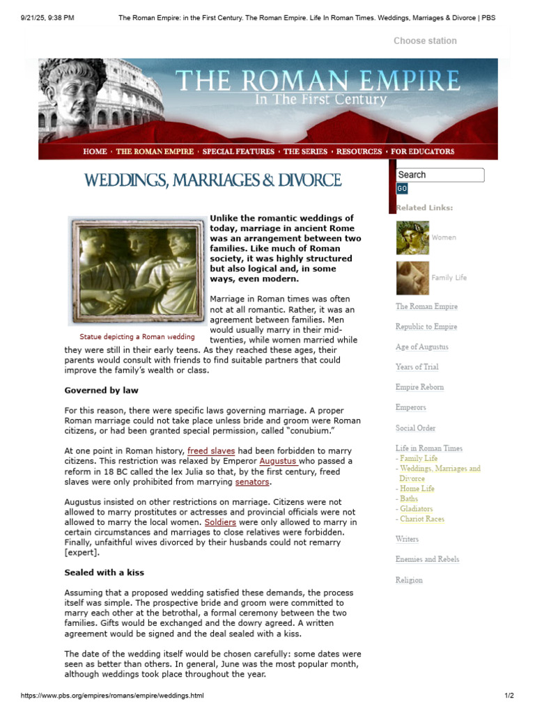 The Roman Empire in the First Century - Weddings, Marriages & Divorce ...