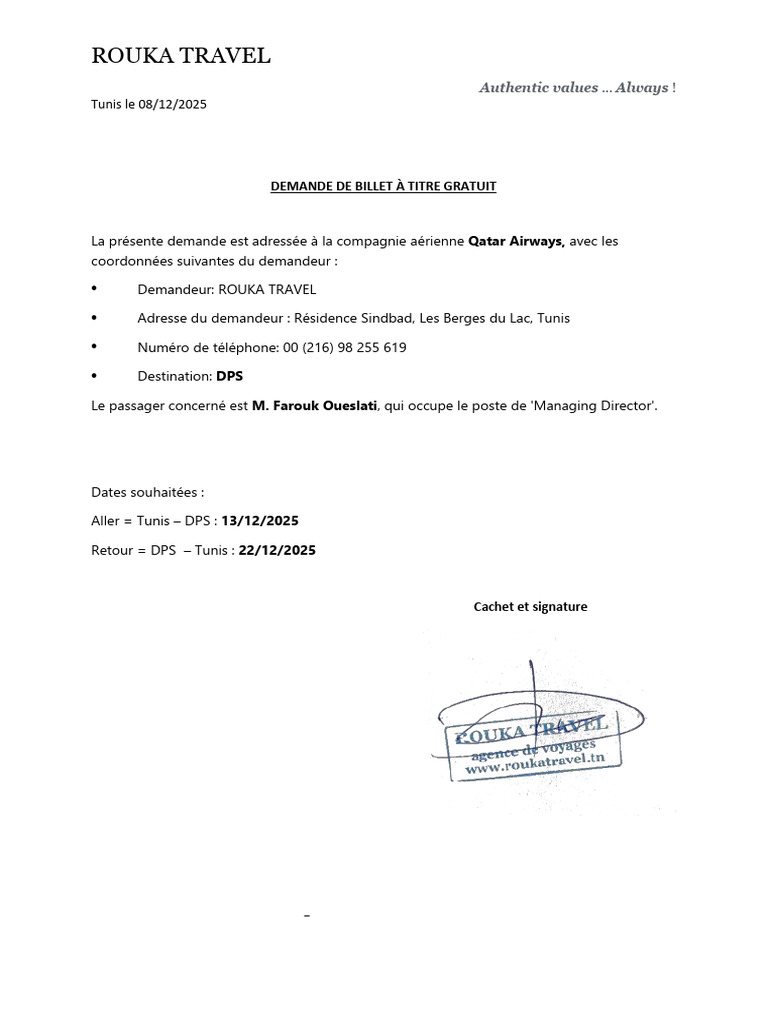 Demande de billet gratuit ROUKA TRAVEL | PDF