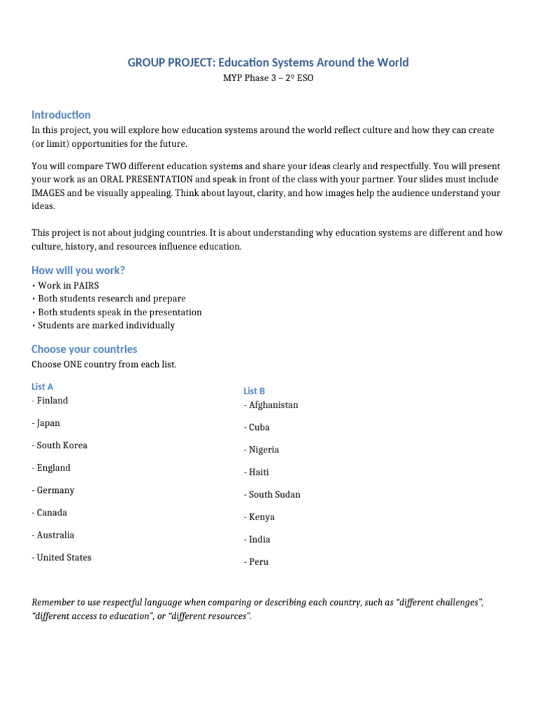 Education Systems Around The World Project | PDF | Learning | Human ...