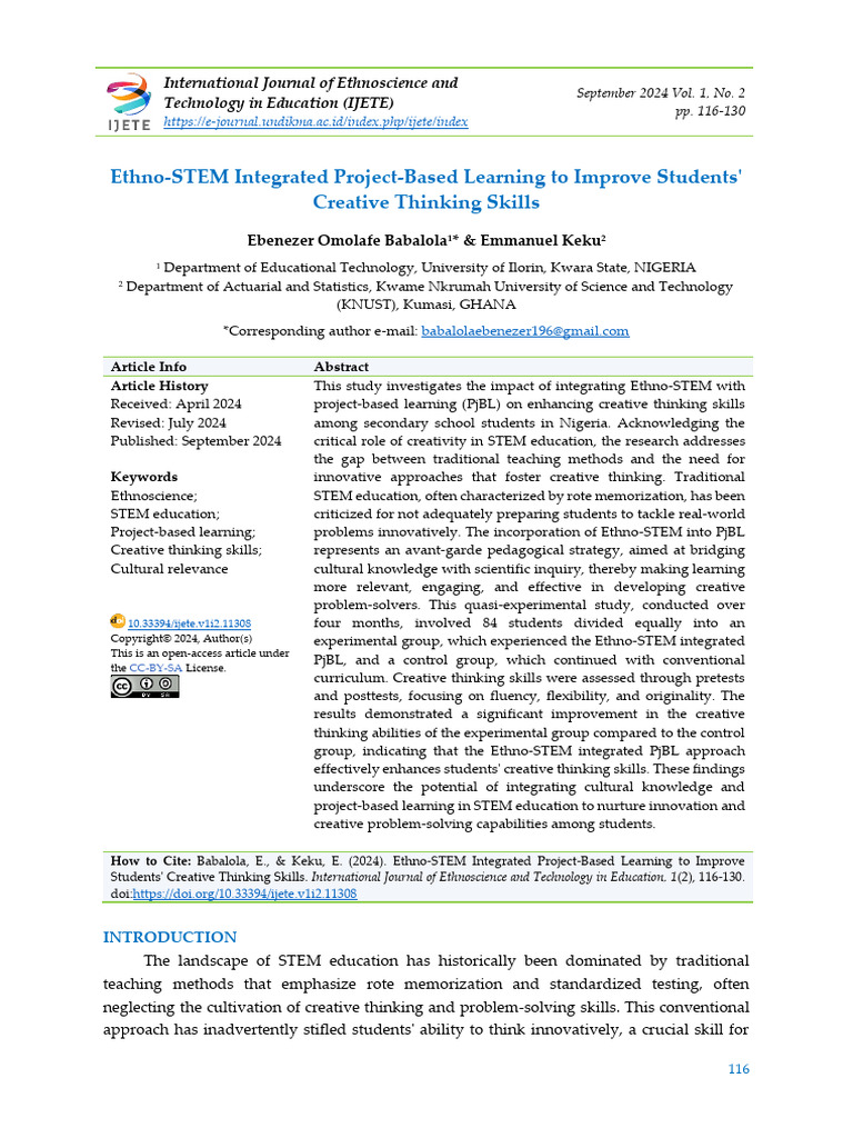 Ethno-STEM PjBL Enhances Creativity Skills | PDF | Creativity | Project ...