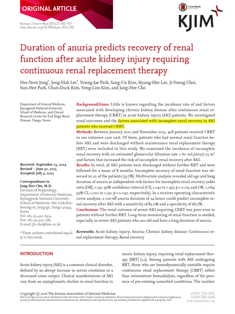 Duration of anuria predicts recovery of renal function after acute ...