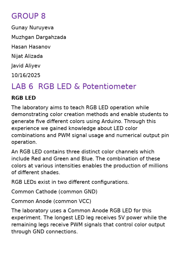 Lab 6 Rgb Led Group8[1] | PDF | Rgb Color Model | Light Emitting Diode
