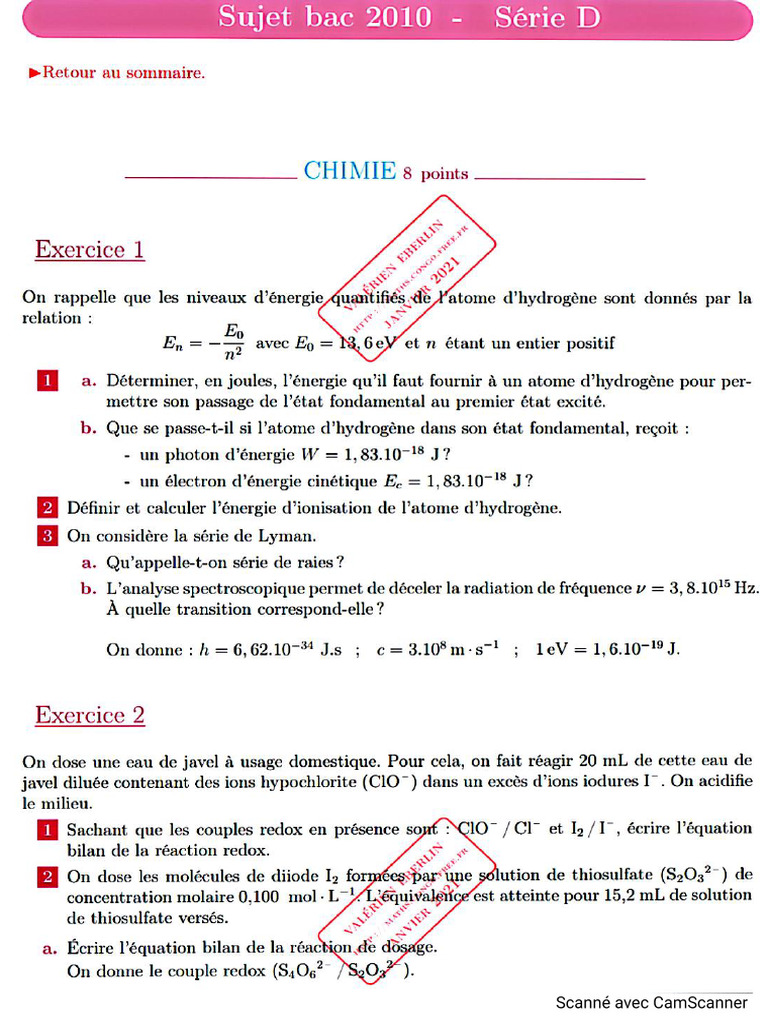 Bac D 2010 Corrigé (S-C) | PDF