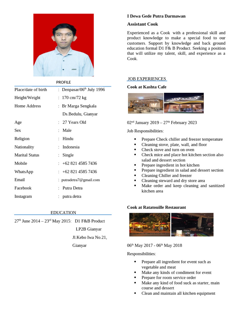 Experienced Assistant Cook Resume | PDF | Kitchen | Cooking