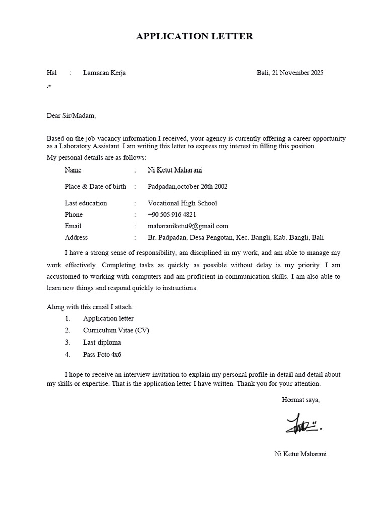 Laboratory Assistant Application Letter | PDF