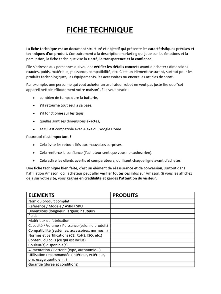 Fiche Technique : Caractéristiques Produits | PDF