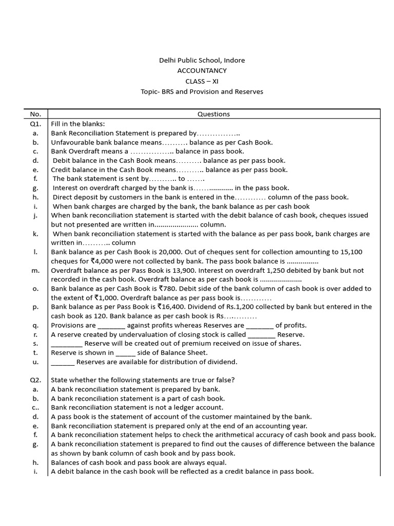 BRS and Provisions for Class XI Accountancy | PDF | Cheque | Debits And ...
