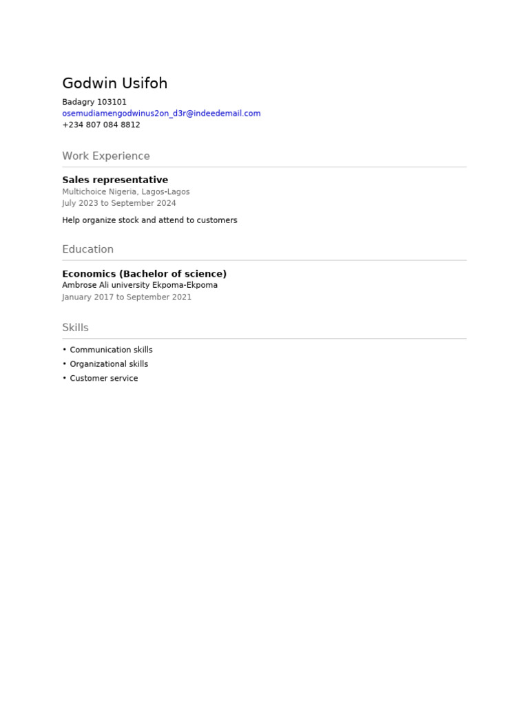 Sales Representative Resume for Godwin Usifoh | PDF