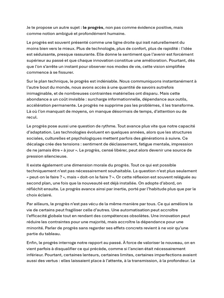 Le Progrès : Ambiguïtés et Réflexions | PDF