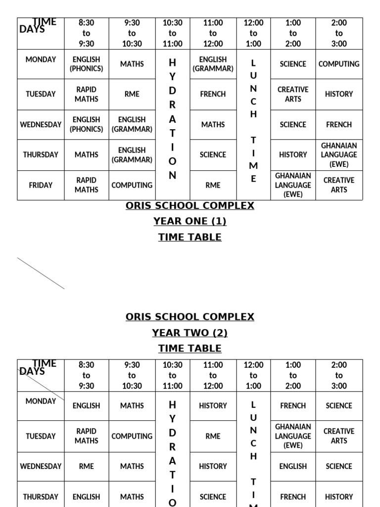 Oris School Complex Weekly Timetable | PDF