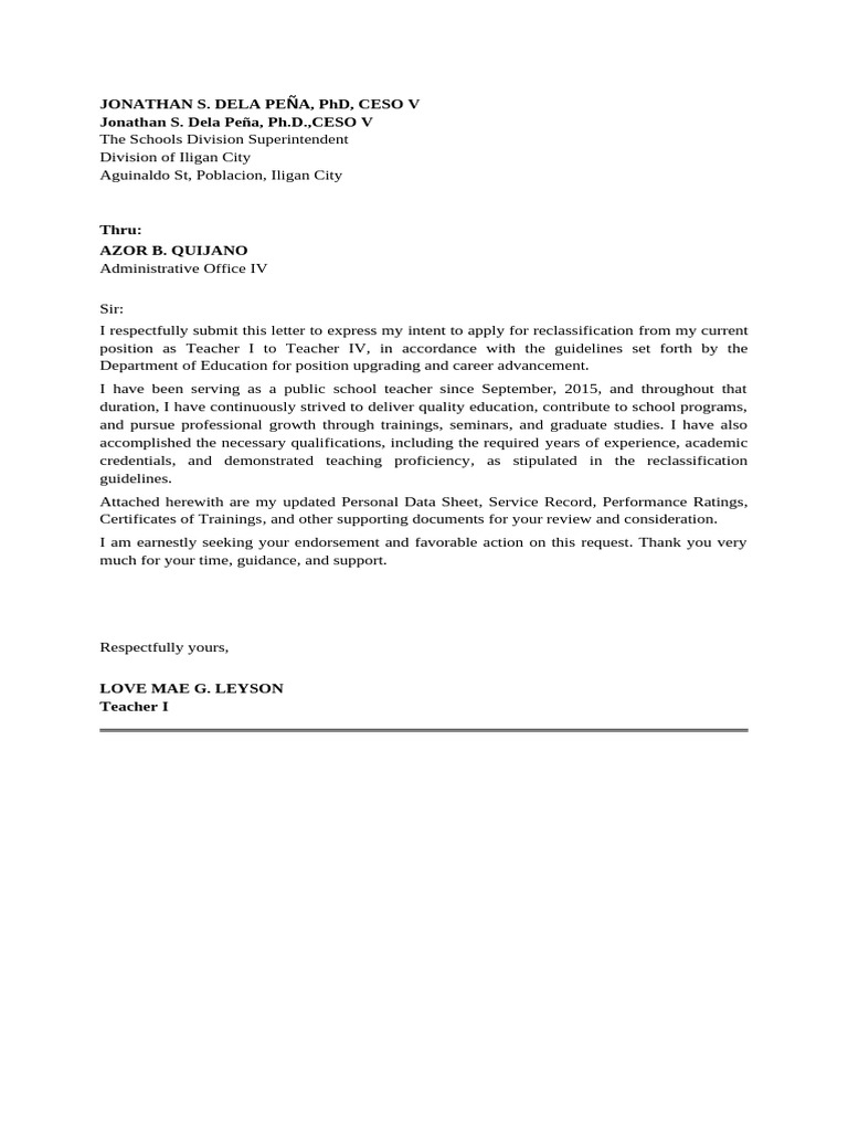 Teacher I Reclassification Request Letter | PDF