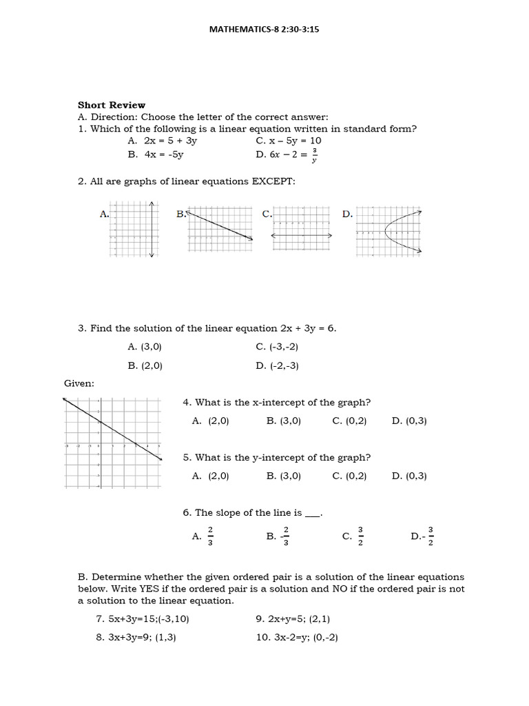 Linear Equations Review for Grade 8 | PDF