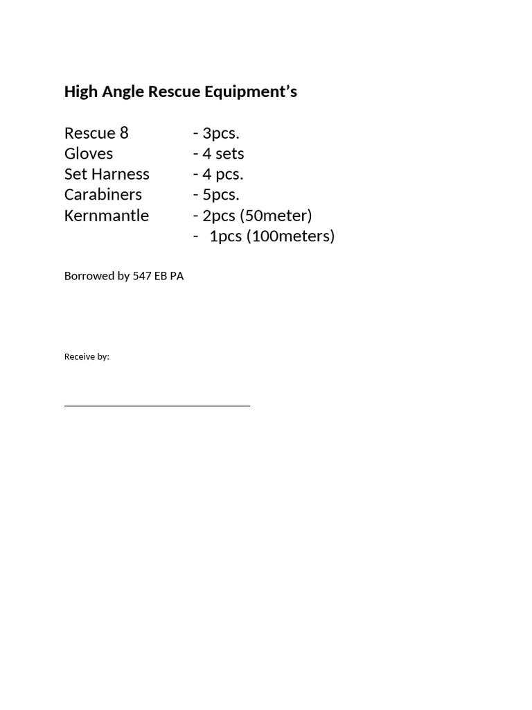 High Angle Rescue Equipment Inventory | PDF