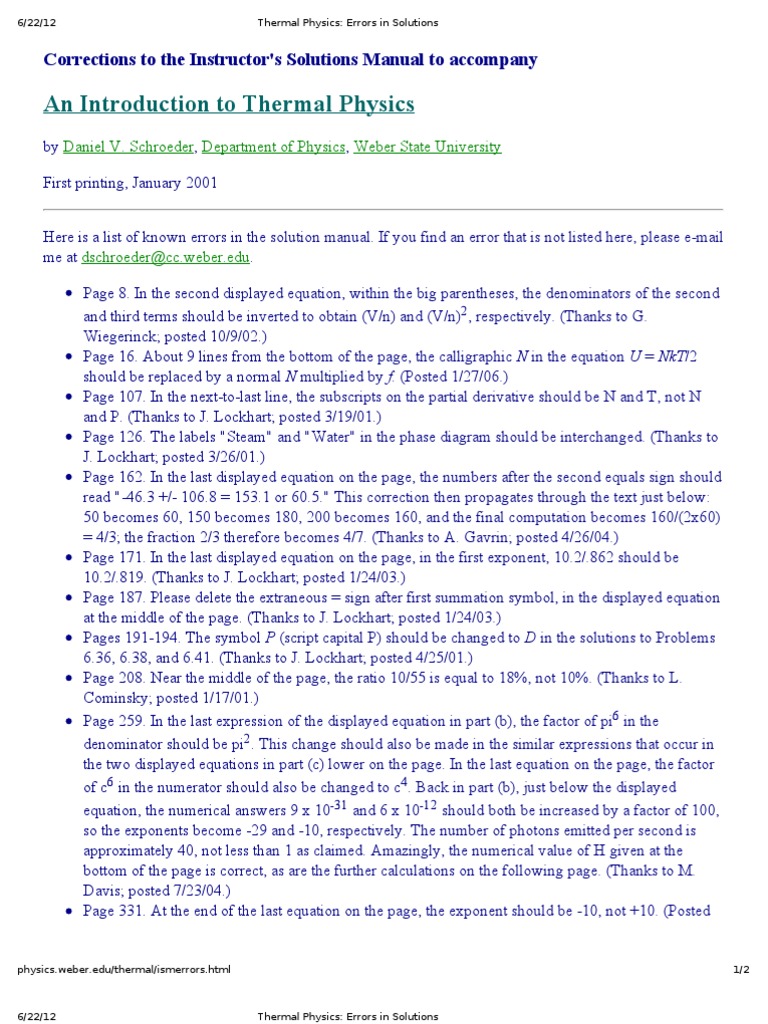 Thermal Physics - Errors in Solutions | PDF | Equations | Fraction ...