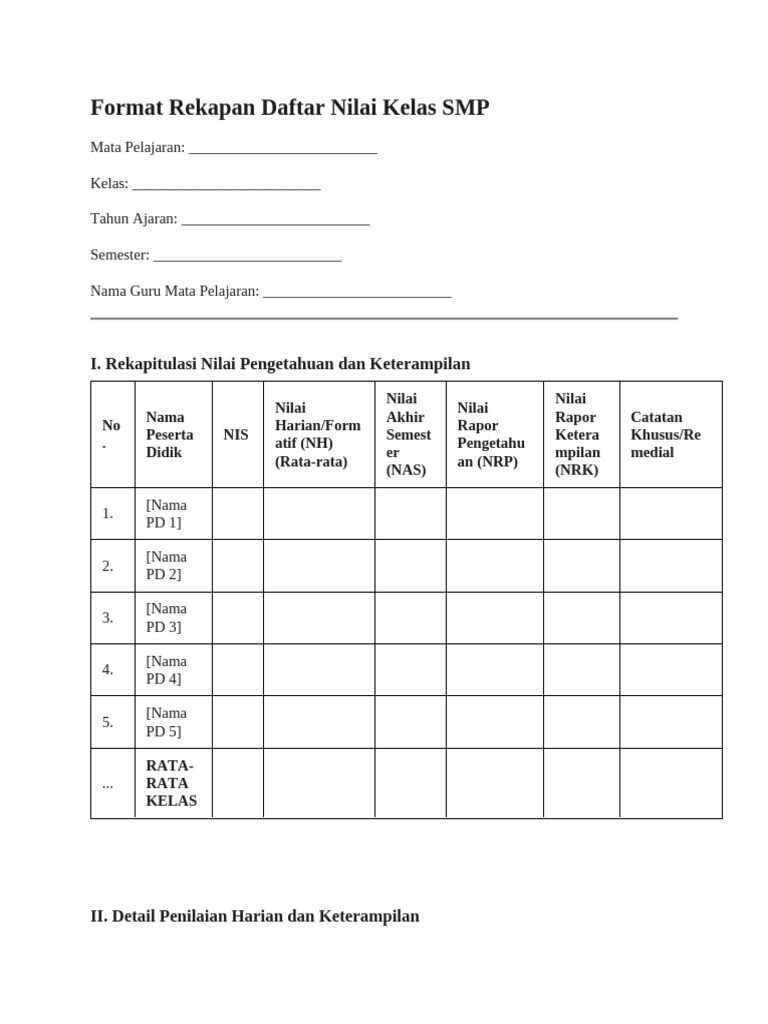 Format Rekapan Nilai Kelas SMP | PDF