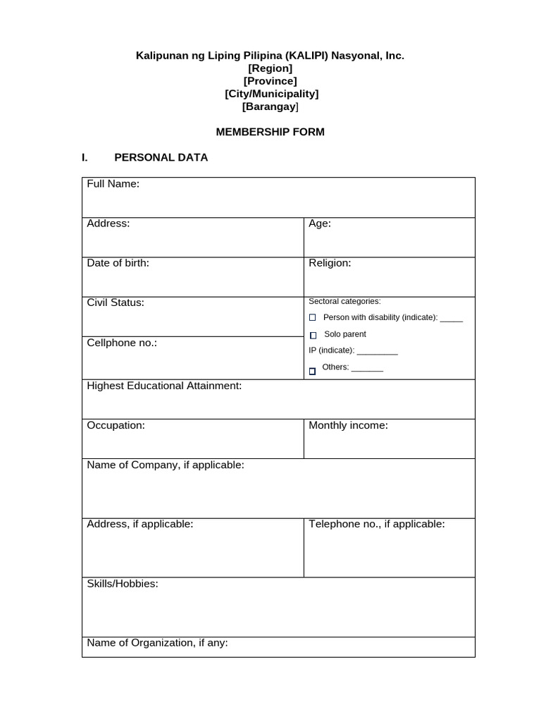 KALIPI Membership Form Template | PDF