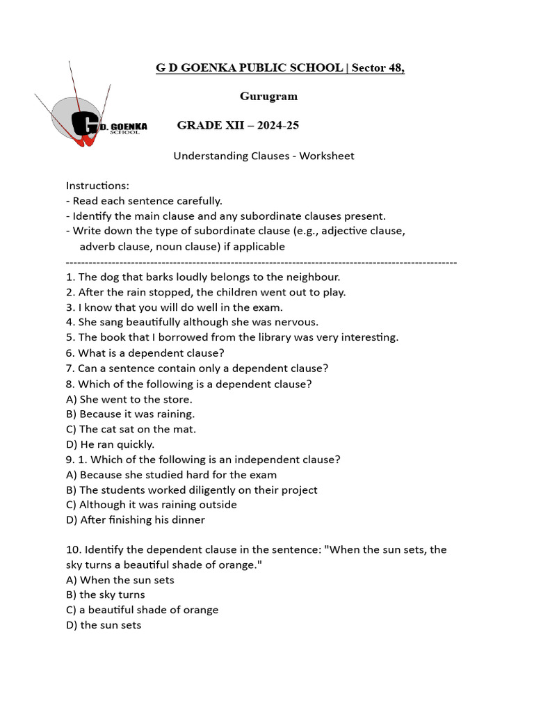 Understanding Clauses Worksheet | PDF