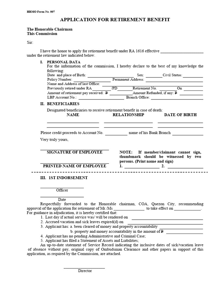 HRMO Application for Retirement Benefit Under RA 1616 | PDF | Justice ...