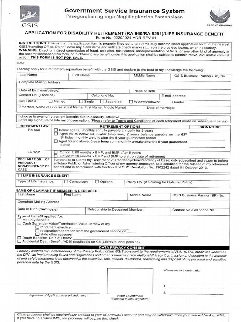 GSIS Application for Disability Retirement RA 660RA 8291 | PDF