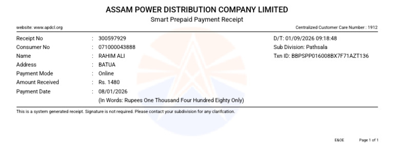 Assam Power Prepaid Payment Receipt | PDF