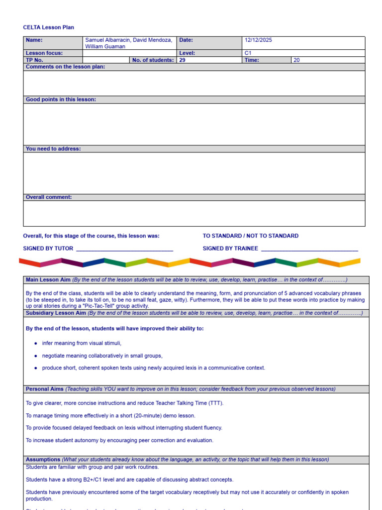 CELTA C1 Lesson Plan: Advanced Vocabulary | PDF | Stress (Linguistics ...