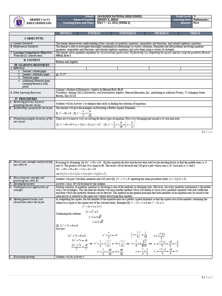 Grade 9 Math Daily Lesson Log | PDF | Factorization | Quadratic Equation