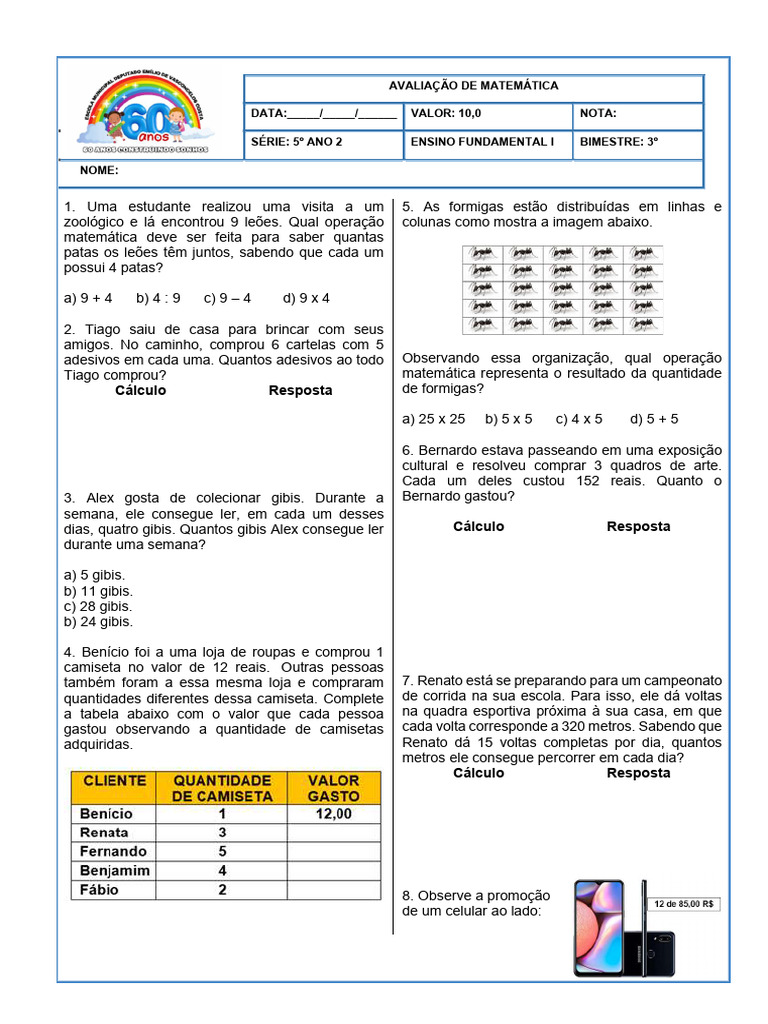 Exercícios de Matemática para 5º Ano | PDF | Matemática