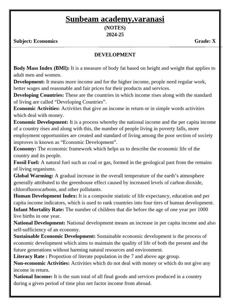 Economics Development Overview for Grade X | PDF | Human Development ...