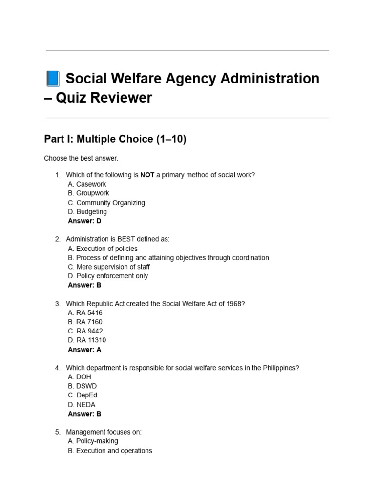 Social Welfare Agency Quiz Review | PDF | Social Policy