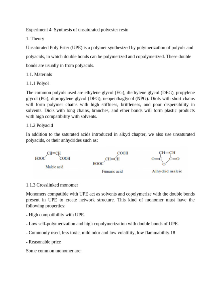 Synthesis of Unsaturated Polyester Resin | PDF | Polyester | Polymerization