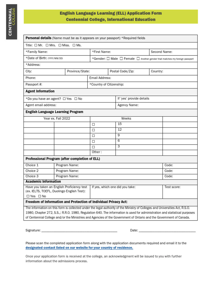 Centennial College ELL Application Form | PDF | Government And Personhood